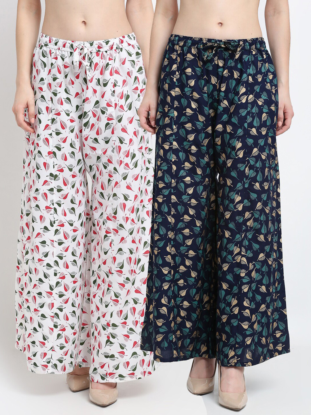 Jinfo Pack of 2 Women Navy Blue & White Printed Flared Knitted Ethnic Palazzos