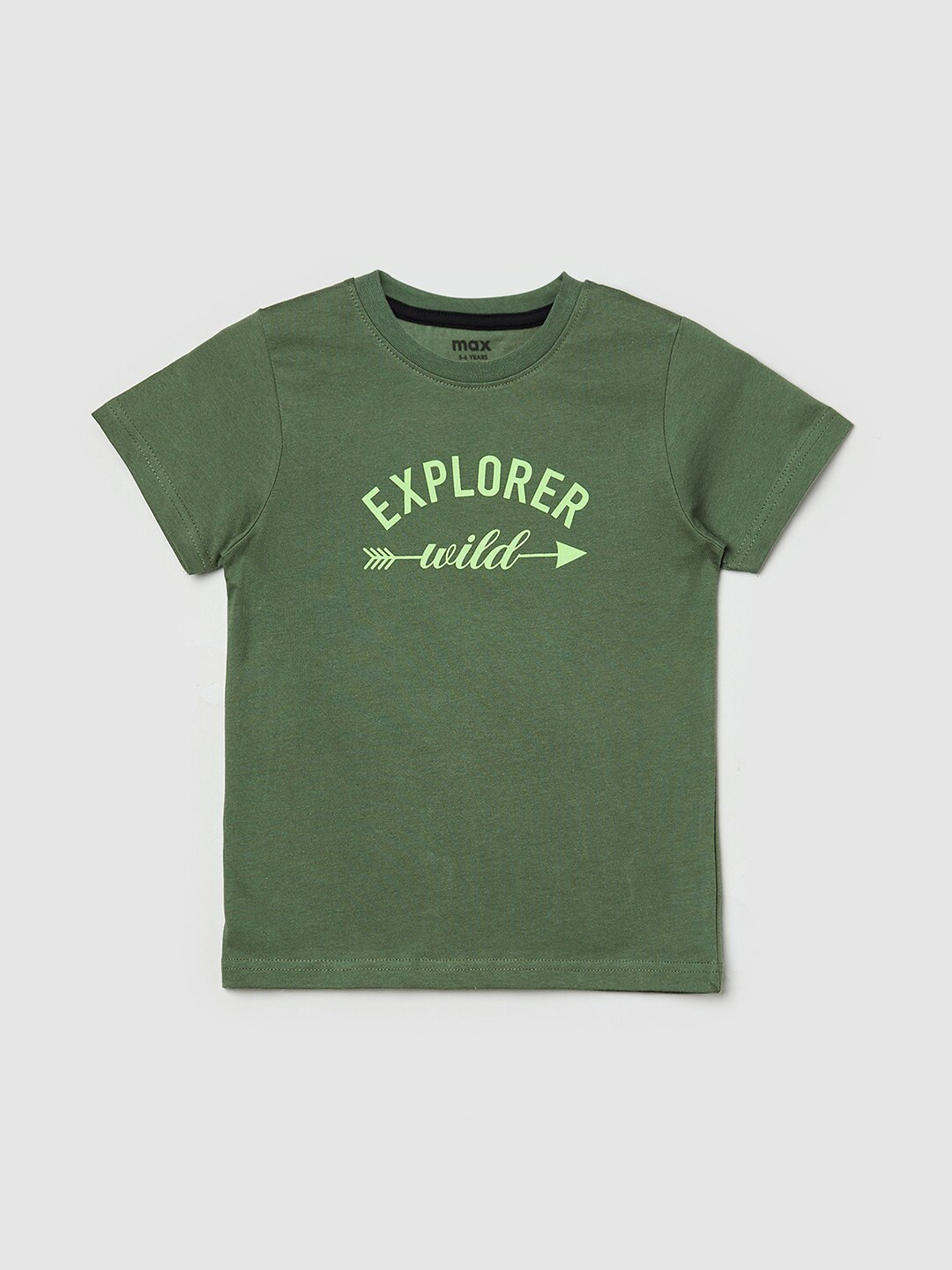 max Boys Olive Green Typography Printed Pure Cotton Applique T-shirt