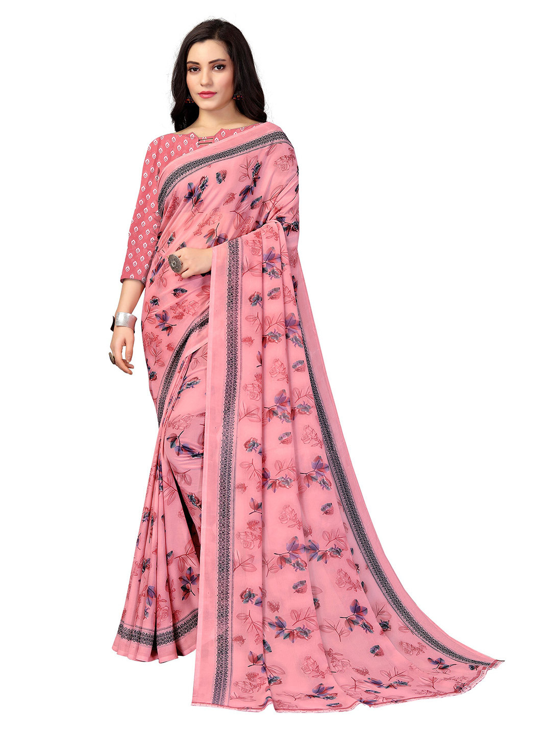 KALINI Pink & Purple Floral Fusion Saree