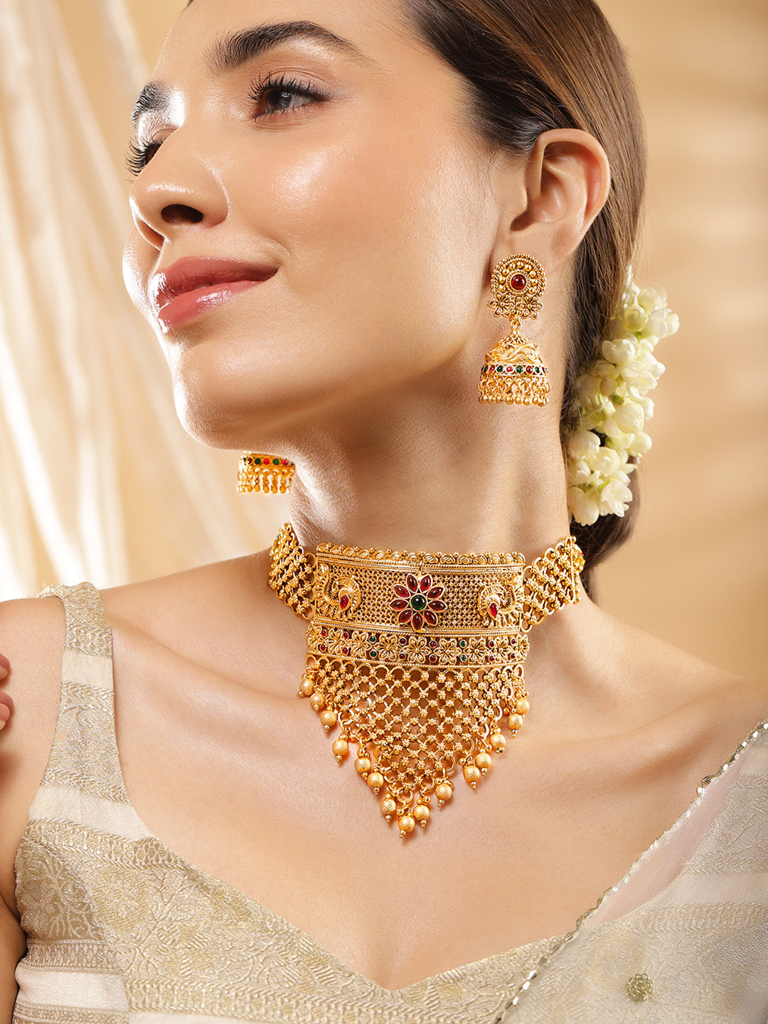Rubans 22K Gold-Plated Ruby & Emerald and Golden Beaded Detailing Handcrafted Choker Set