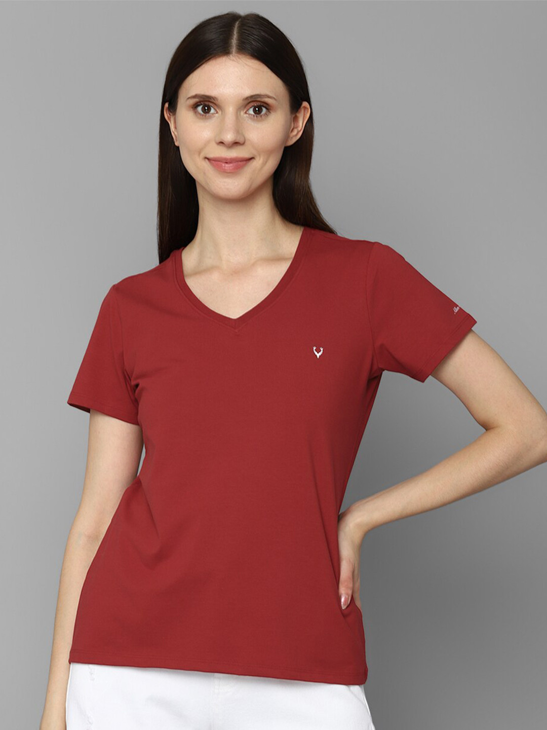 Allen Solly Woman Women Maroon V-Neck T-shirt
