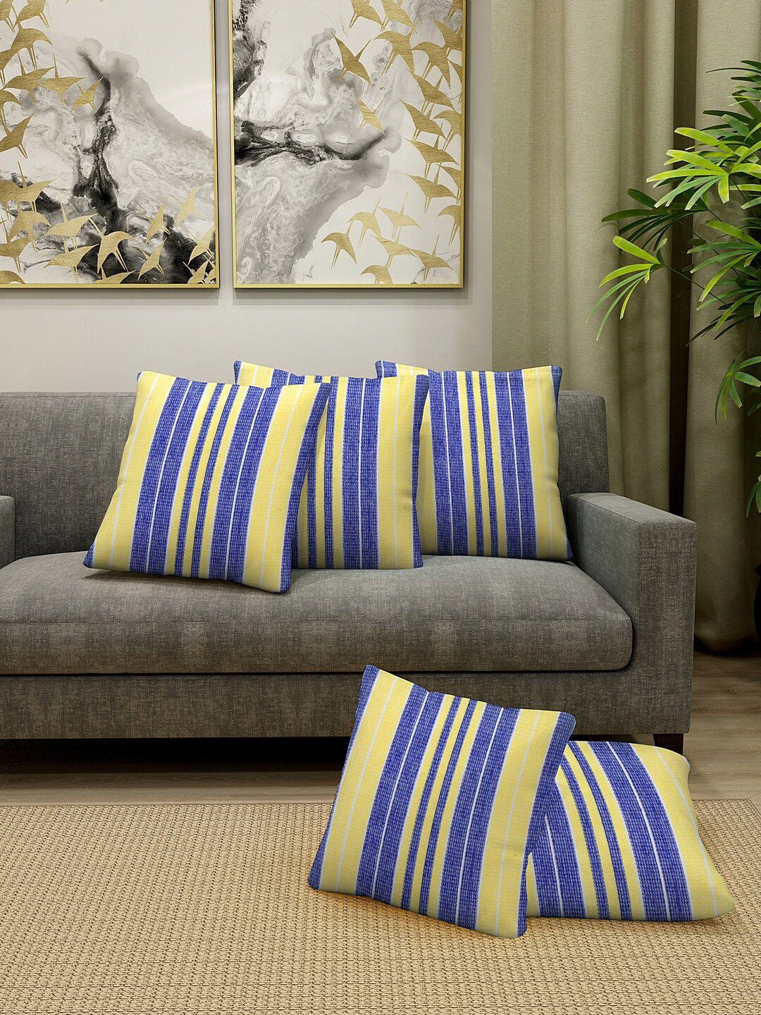 KLOTTHE Set Of 5 Blue & Yellow Striped Cushions