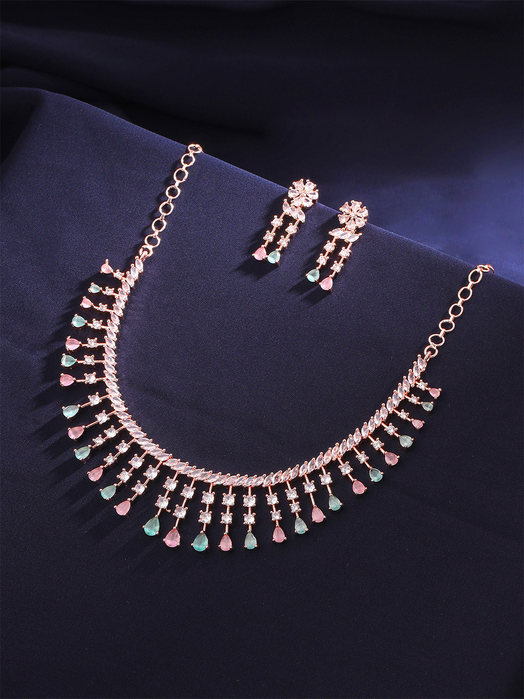 Yellow Chimes Rose Gold-Plated White & Pink AD-Studded Jewellery Set