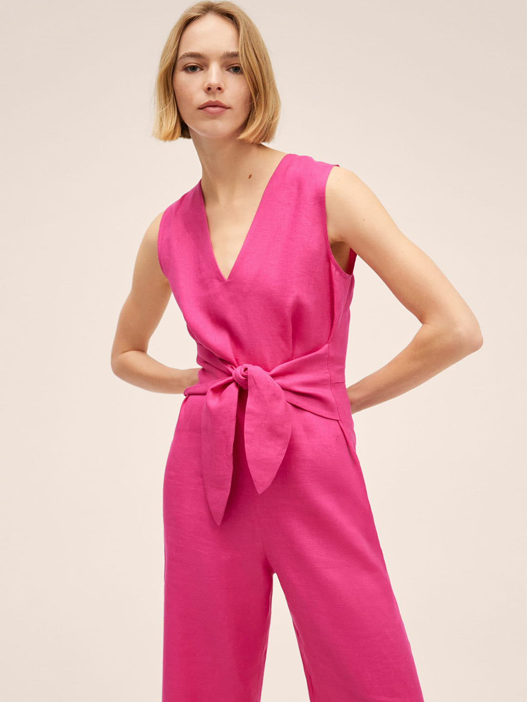 MANGO Fuchsia Pure Linen Solid Belted Basic Jumpsuit