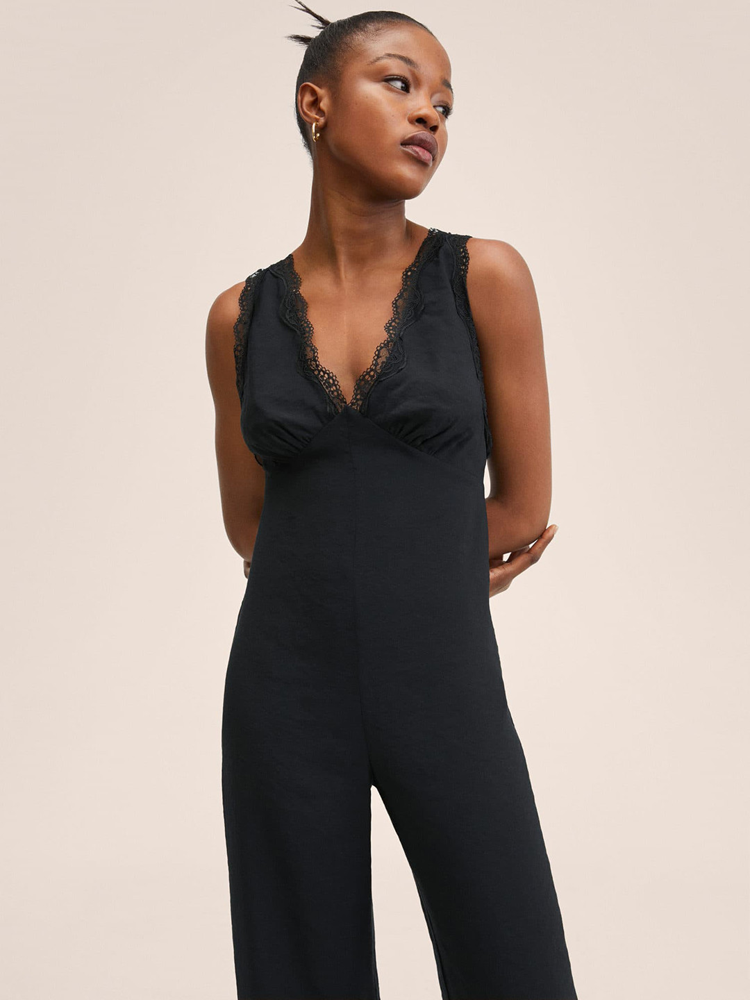 MANGO Black Modal Basic Jumpsuit with Lace Inserts