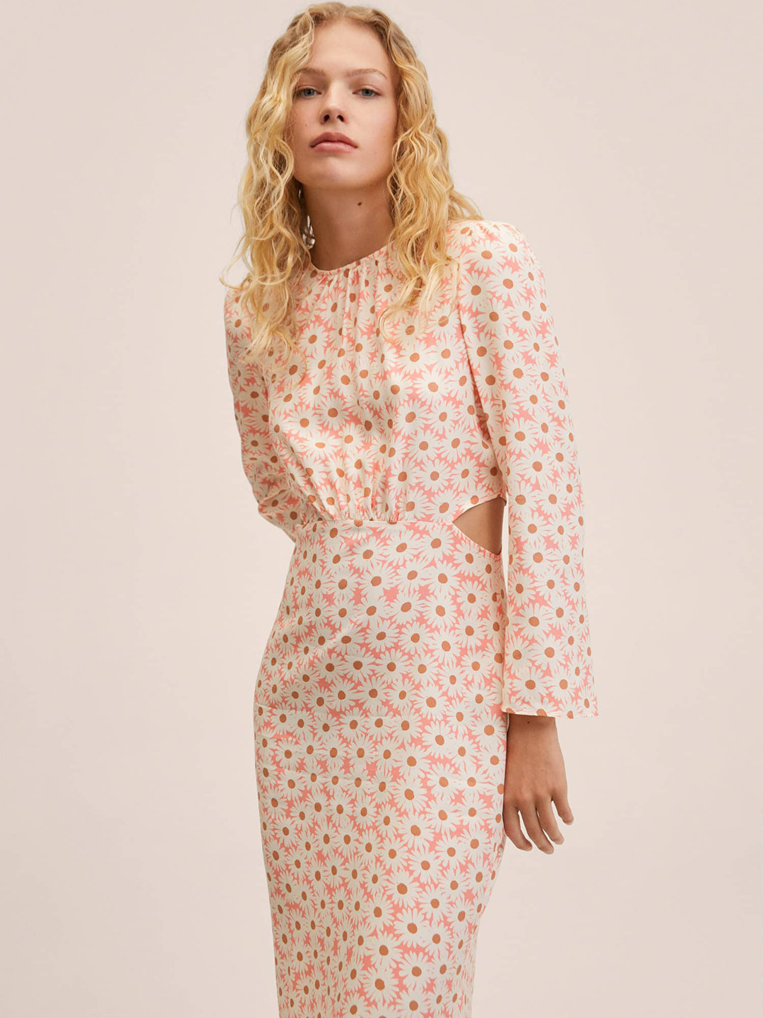 MANGO Women Coral Pink & White Floral Cut Out Detail A-Line Midi Dress