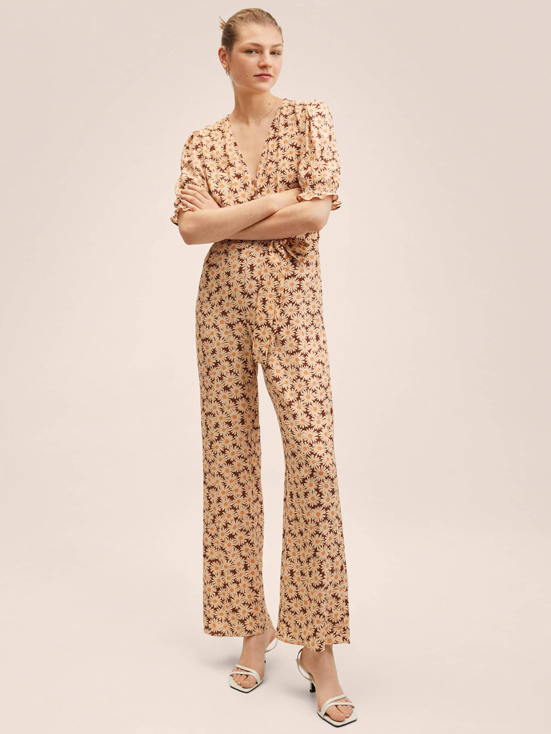 MANGO Women Cream-Coloured & Brown Floral Printed Basic Jumpsuit