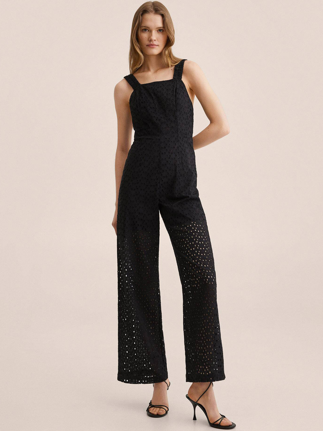 MANGO Black Basic Jumpsuit with Embroidered