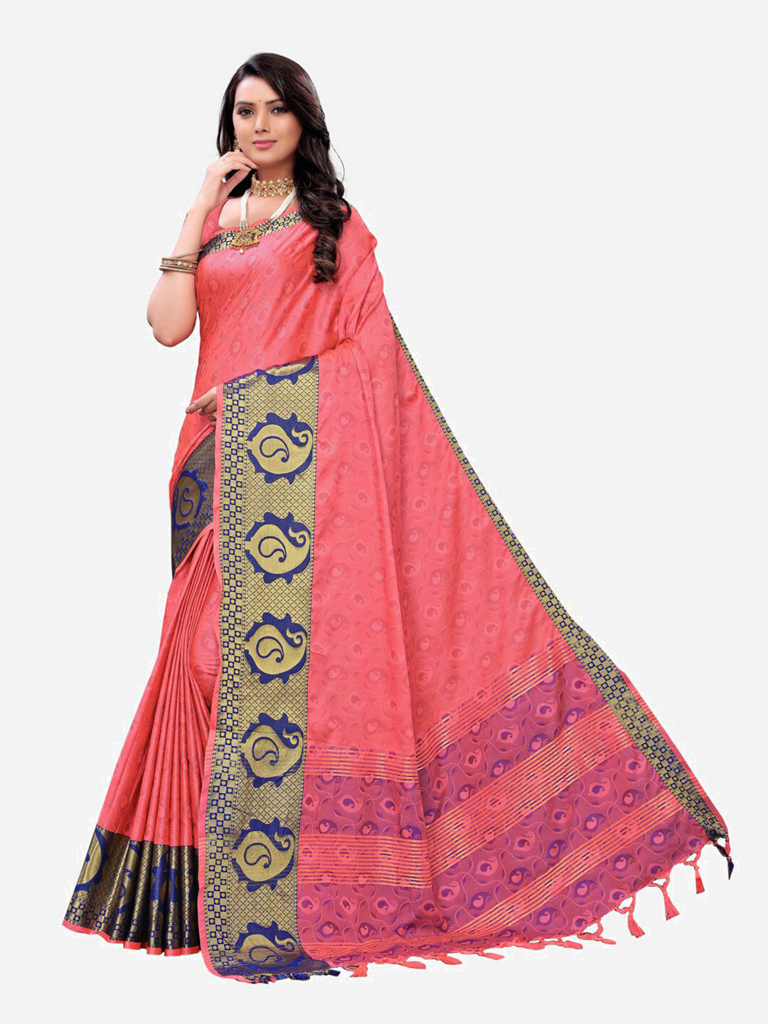 Satrani Pink & Navy Blue Woven Design Zari Saree