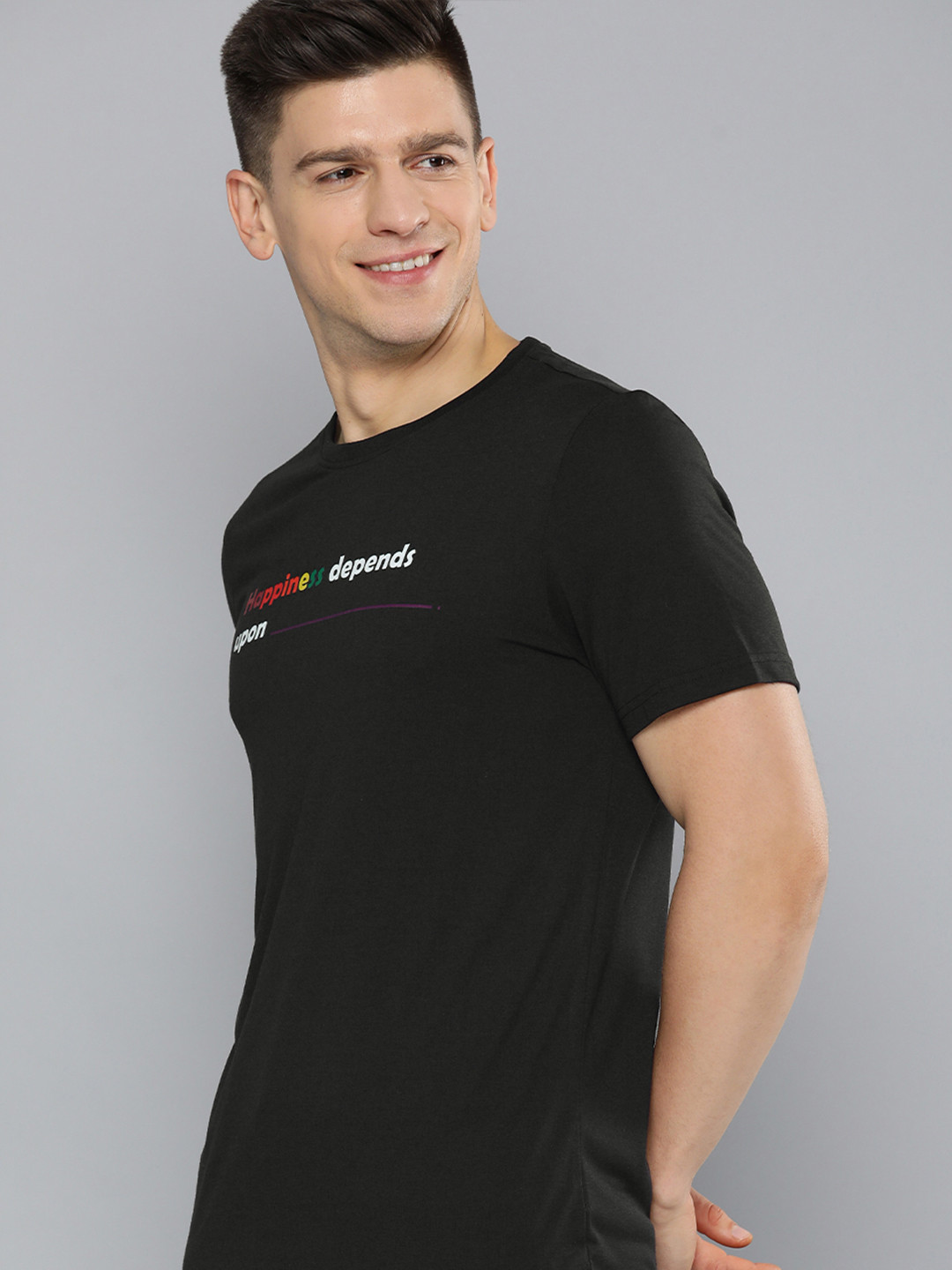 Mast & Harbour Pride Men Black Typography Printed Slim Fit Casual T-shirt