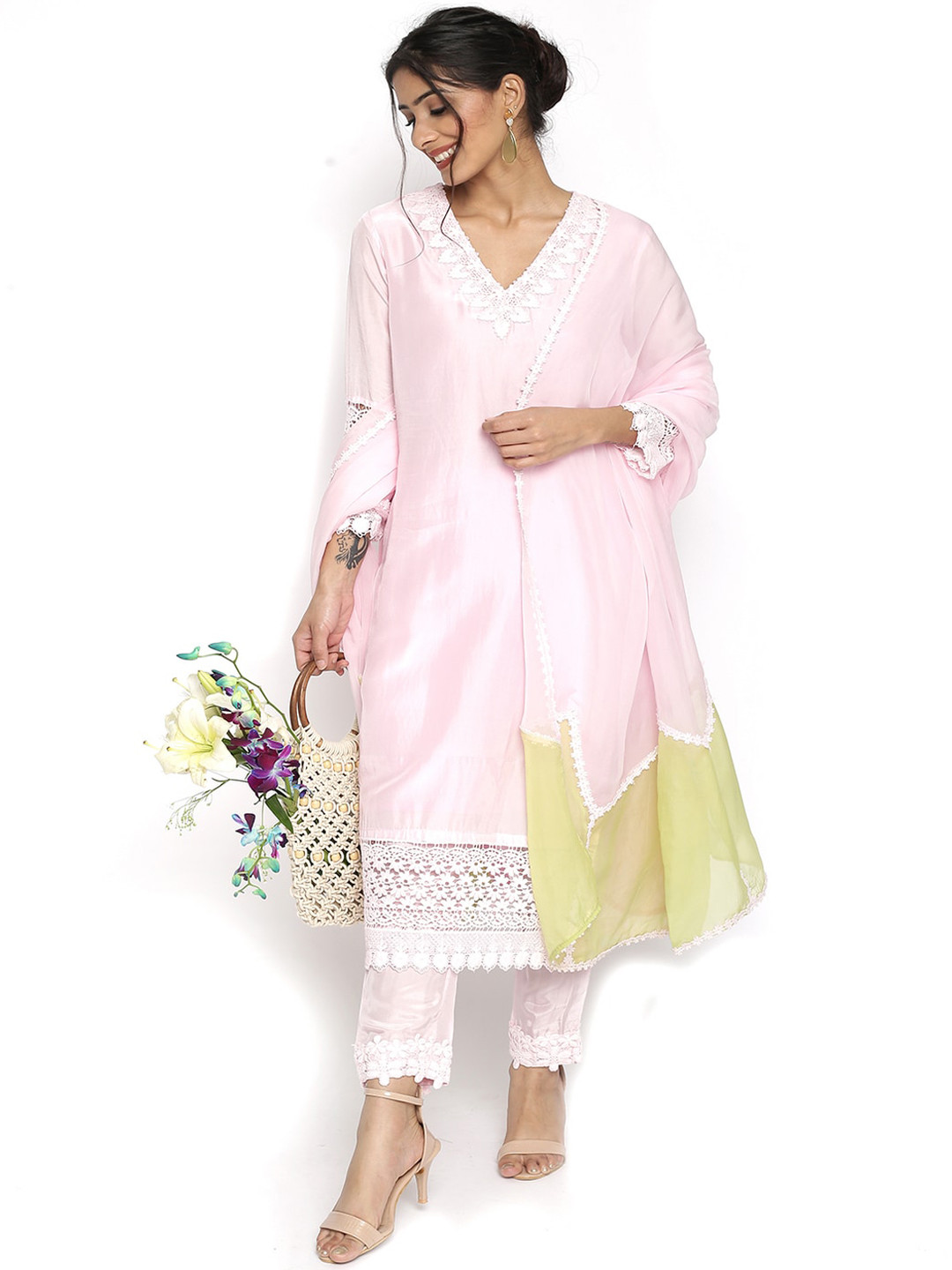 HANDME Women Pink Panelled Kurta with Trousers & With Dupatta