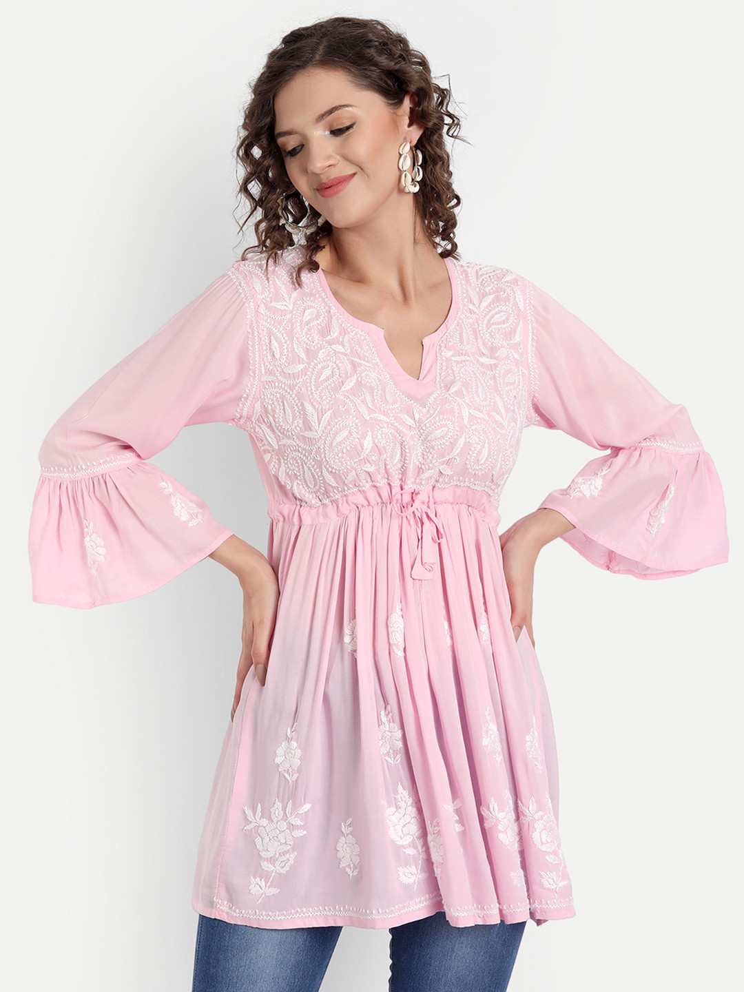 Indiankala4u Pink & White Paisley Embroidered Chikankari Anarkali Kurti