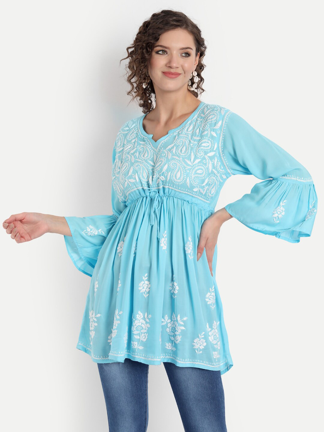 Indiankala4u Blue Floral Embroidered Chikankari Modal Chikankari Anarkali Kurti