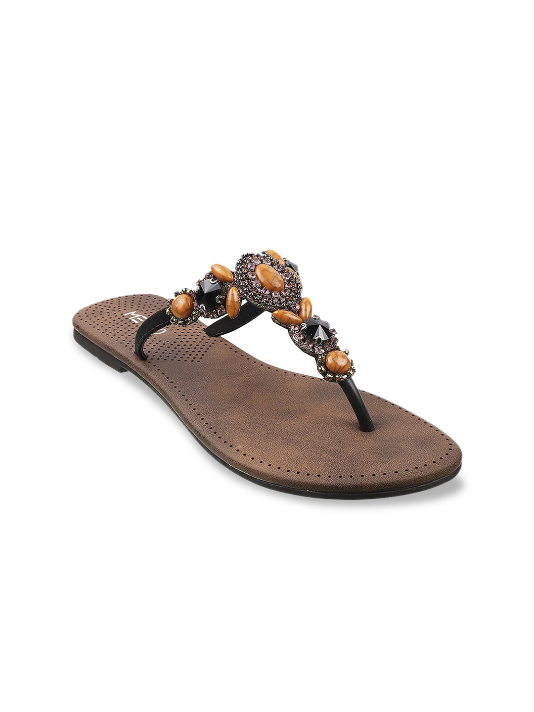 Metro Women Black Textured T-Strap Flats