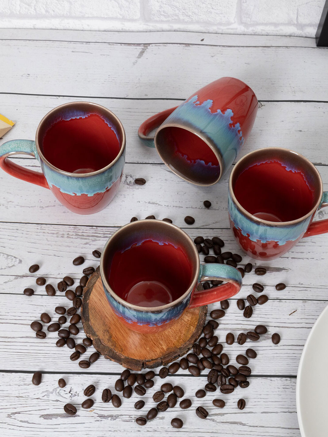 Homesake Stripe & Petal Red Ceramic Handmade 4 Piece Mugs-260ml