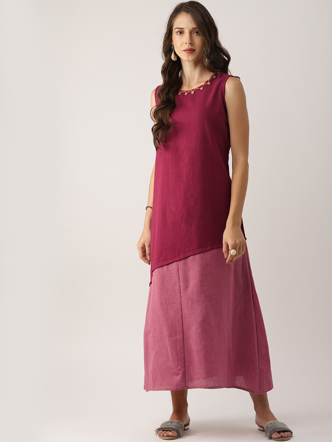 IndusDiva Women Maroon Colourblocked Khadi A-Line Maxi Dress