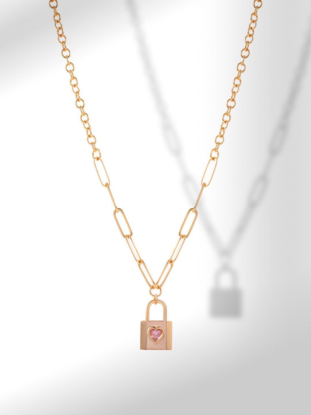 MINUTIAE Rose Gold-Plated Pink Crystals Brass Heart Lock Pendant Necklace