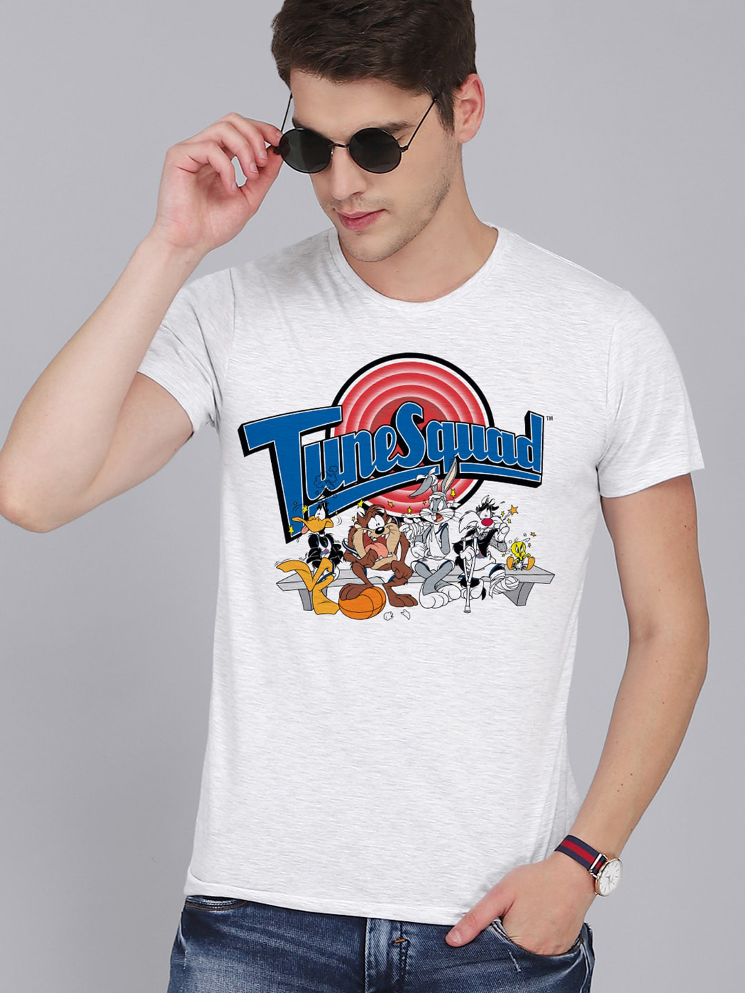 Free Authority Men Grey Typography Looney Tunes Printed Applique T-shirt