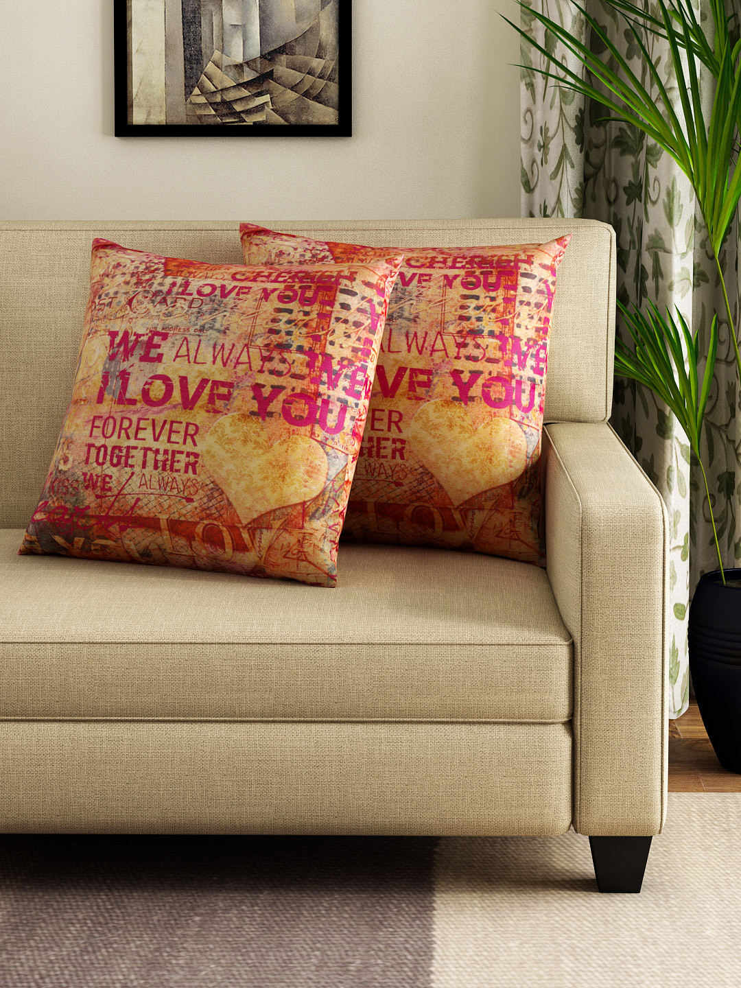 SWAYAM Red Typography Polyester Silk Color Fastness 2 Piece Square Cushion Covers -16x16In