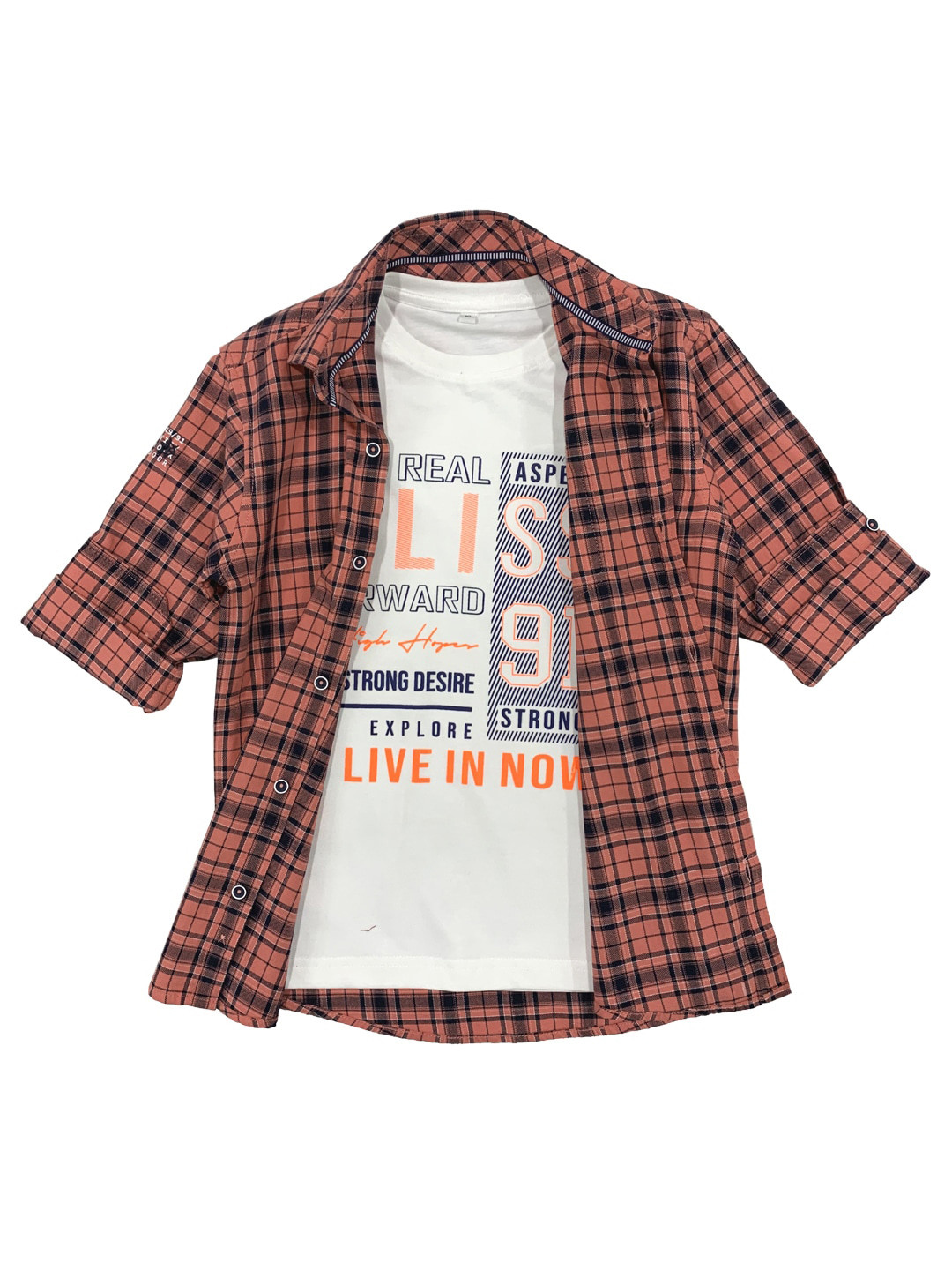 CAVIO Boys Pink Checked Casual Shirt & T-Shirt