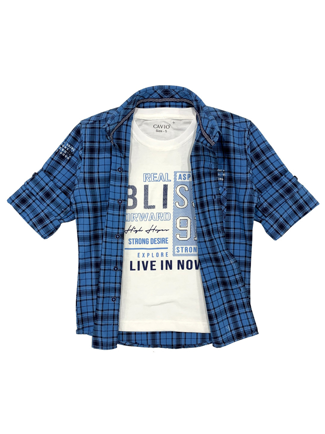 CAVIO Boys Blue Tartan Checks Checked Casual Shirt & T-Shirt