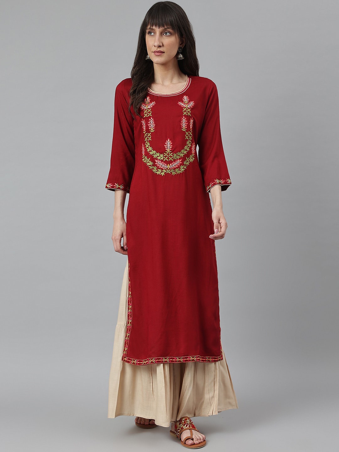 DECKEDUP Women Maroon Embroidered Layered Kurti with Sharara