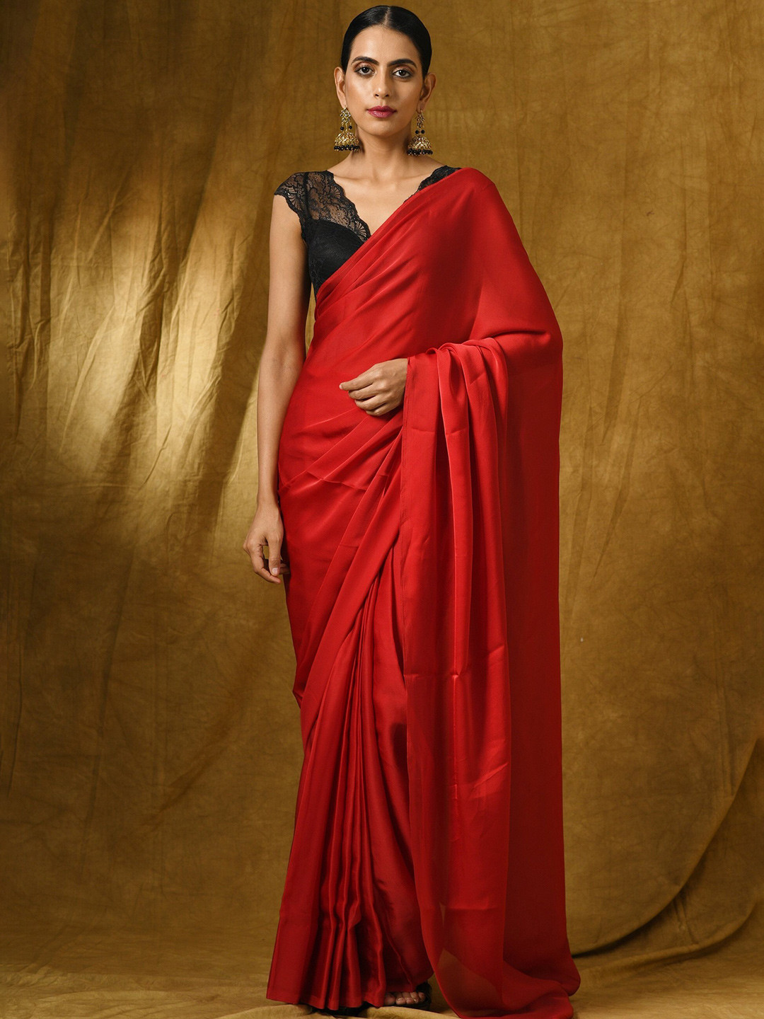 Swtantra Red & Black Satin Saree
