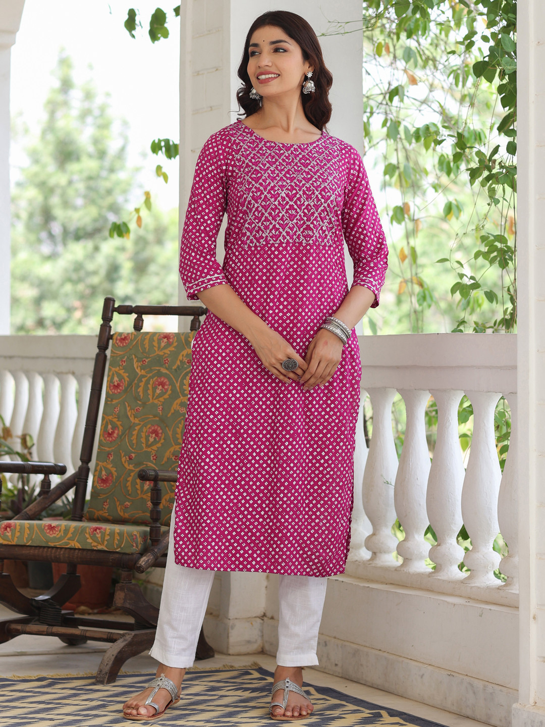 Jaipur Kurti Women Magenta Printed Panelled Thread Work Kurti with Trousers