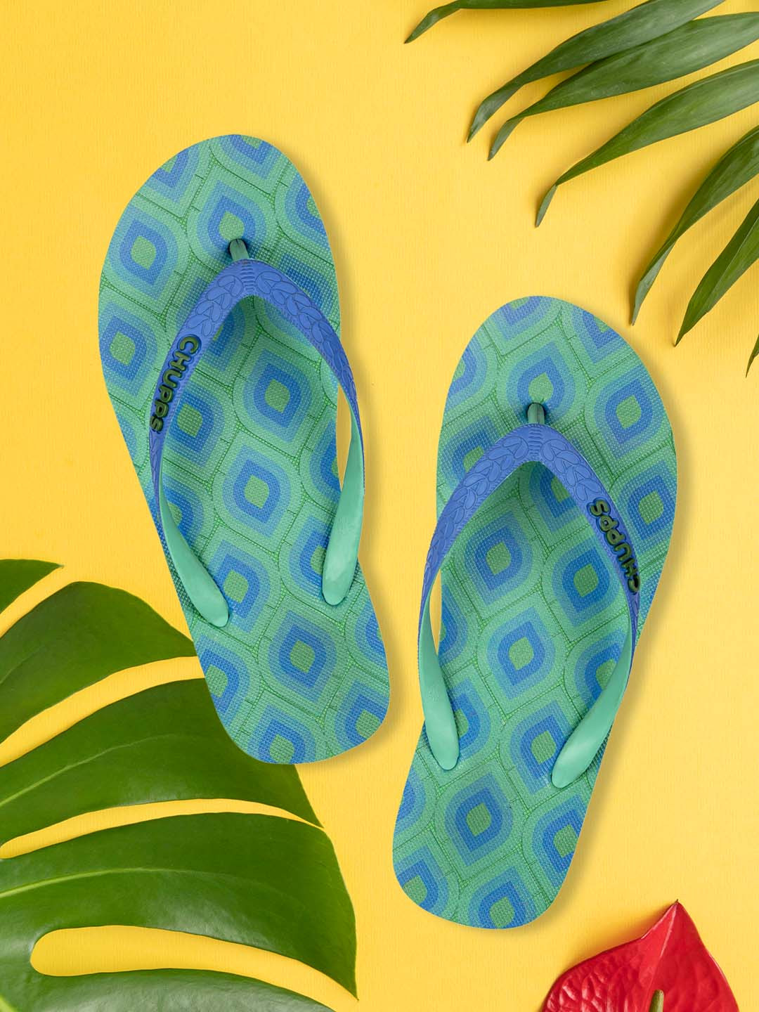 CHUPPS Women Green & Blue Printed Rubber Sustainable Thong Flip-Flops