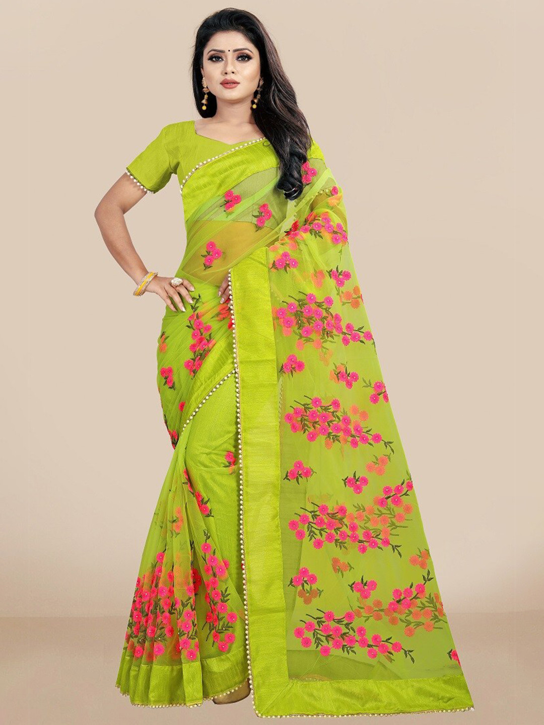 JSItaliya Green & Pink Floral Embroidered Net Saree