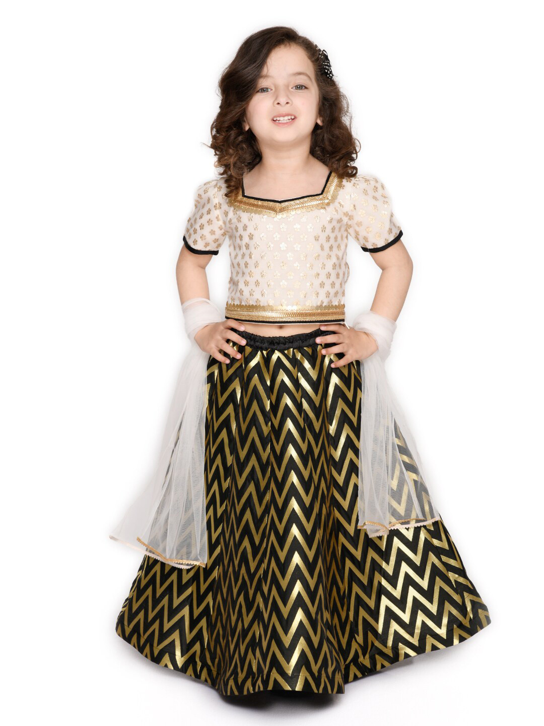 SAKA DESIGNS Girls Black & Gold-Toned Ready to Wear Lehenga & Blouse With Dupatta