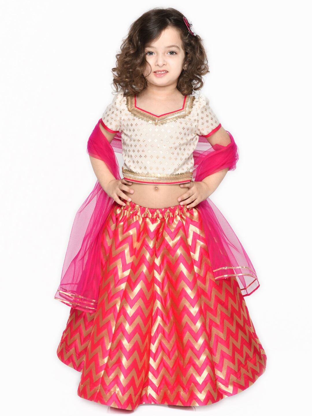 SAKA DESIGNS Girls Magenta & Cream-Coloured Ready to Wear Lehenga & Blouse With Dupatta