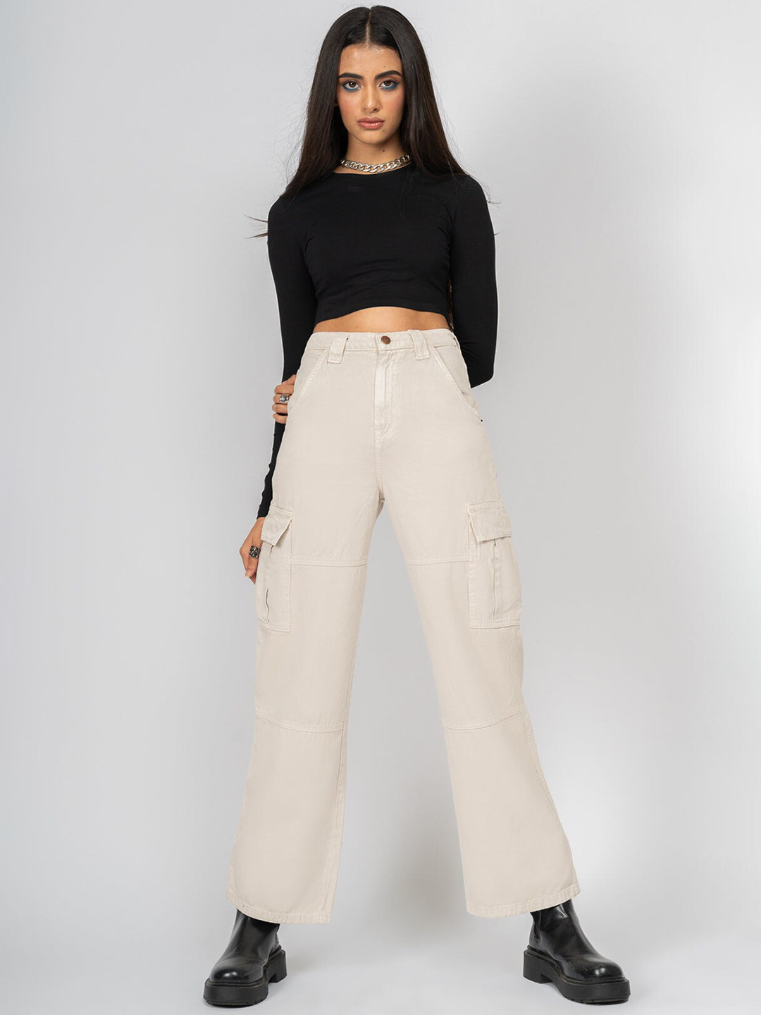 FREAKINS Women Classic Beige High-Rise Straight Fit Cropped Jeans