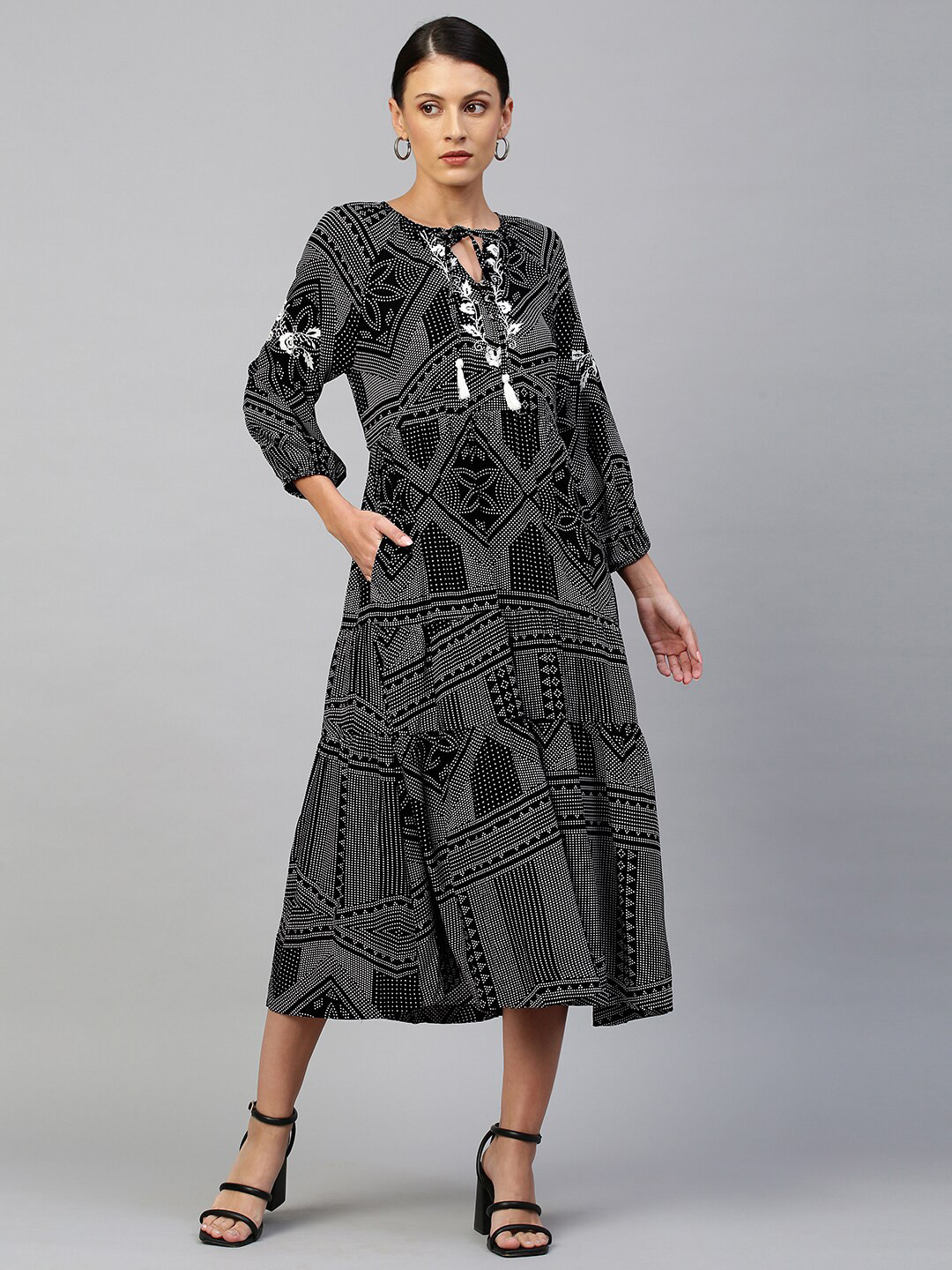 Chemistry Navy Blue Graphic Printed Rayon Tiered Dress With Contrast Embroidery