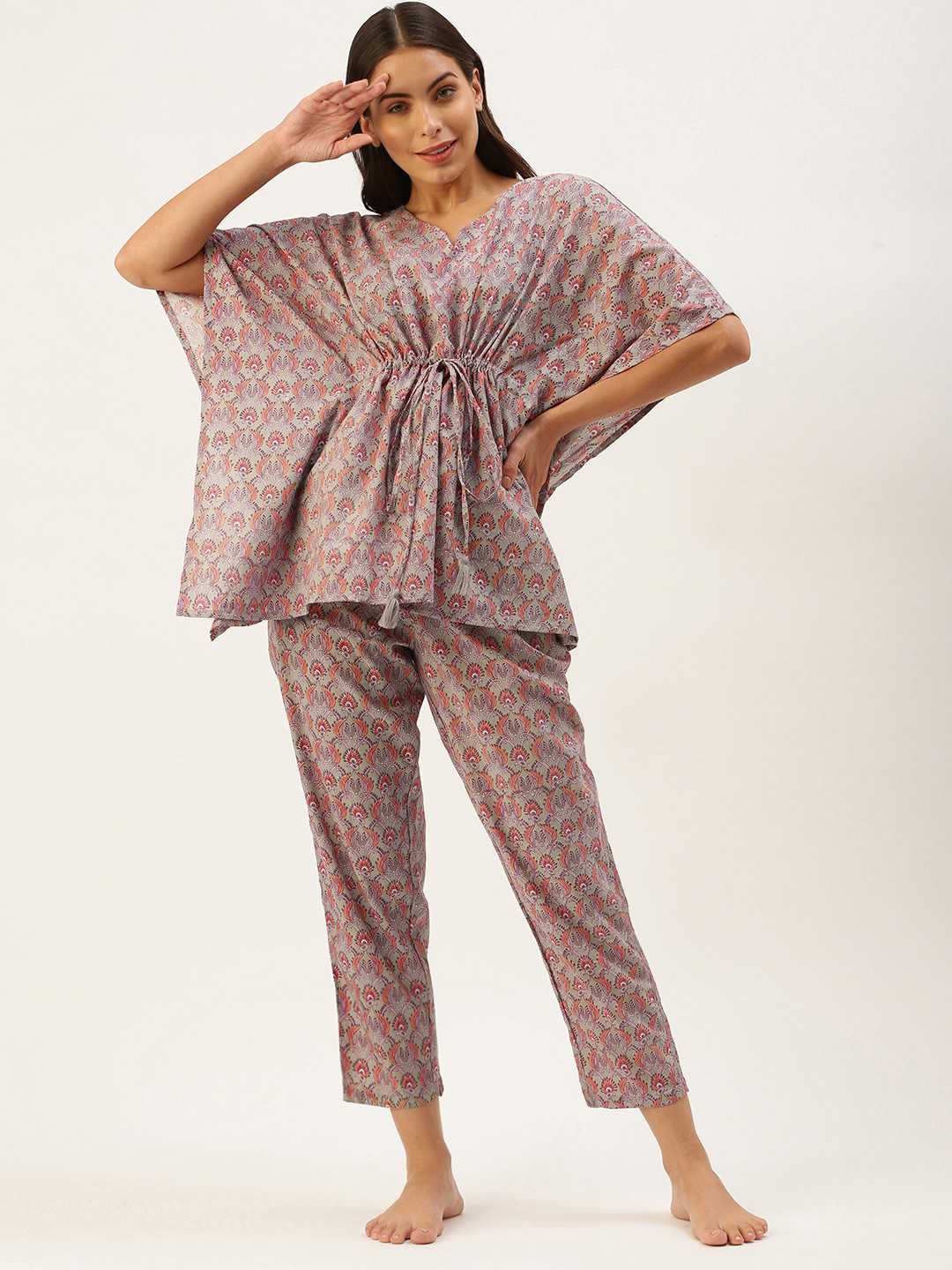 SANSKRUTIHOMES Women Grey & Rust Orange Pure Cotton Printed Pyjama Set