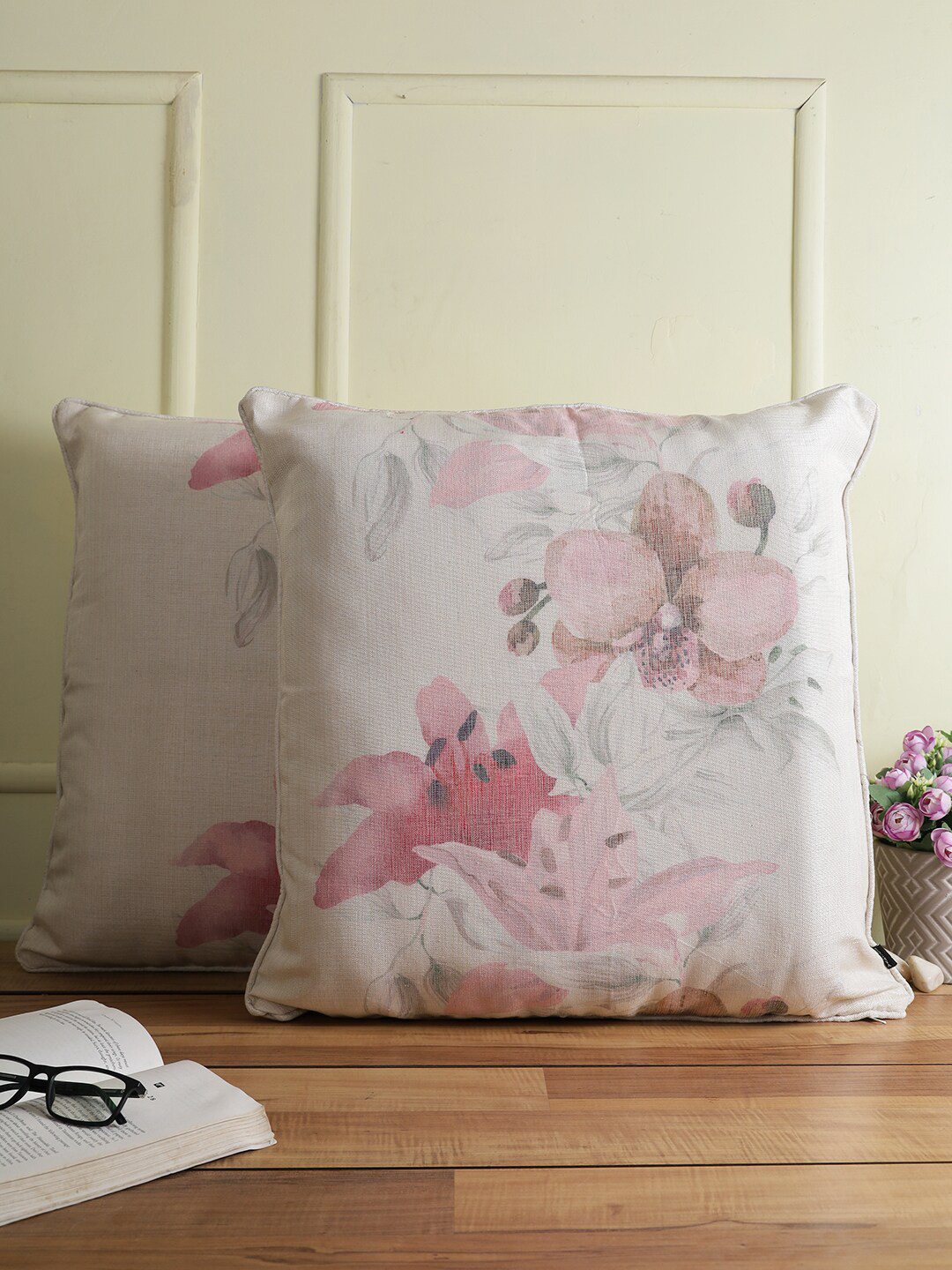 Soumya Pink Floral Jute Blend HD Digital 2 Piece Square Cushion Covers -18x18In