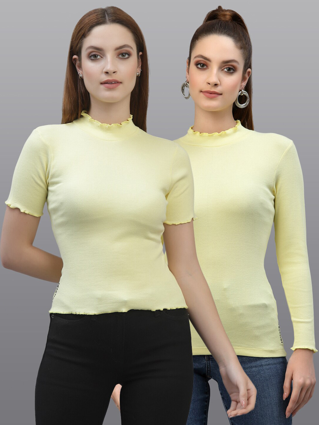 Friskers Women Pack of 2 Yellow Ribbed Knitted Fitted Tops