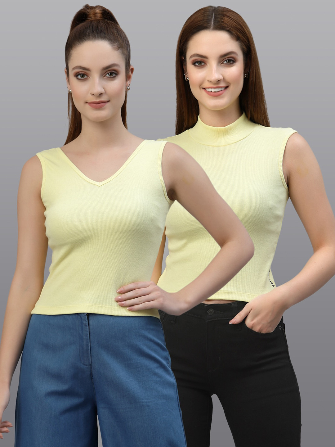 Friskers Women Yellow Sleeveless Ribbed Top Pack Of 2