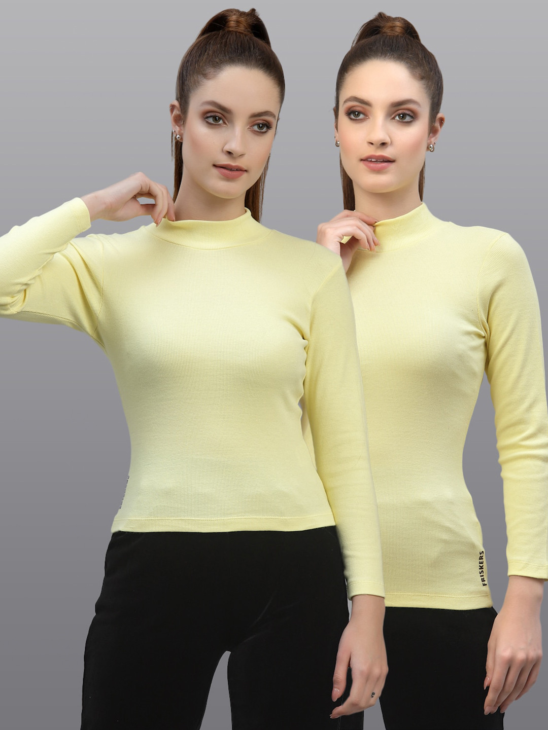 Friskers Women Pack of 2 Yellow Solid Fitted Cotton Rib Top