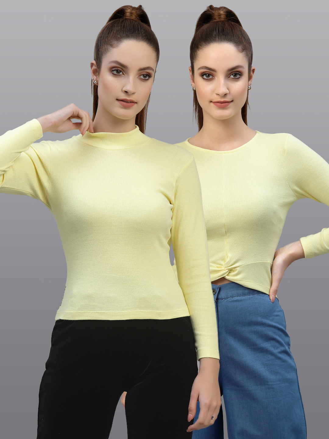 Friskers Women Pack of 2 Yellow Solid Fitted Cotton Rib Top