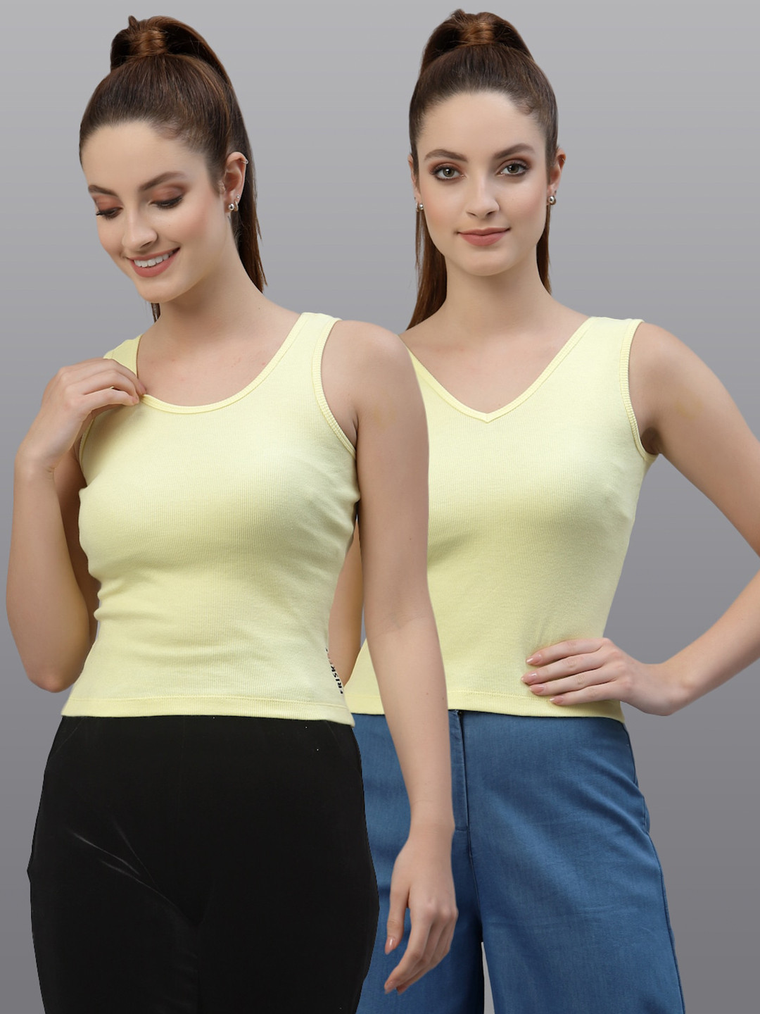 Friskers Women Yellow Sleeveless Ribbed Top Pack Of 2