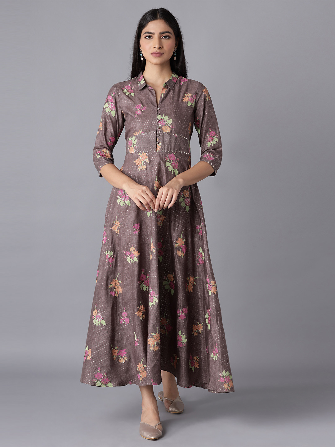 W Women Festive Floral Print Shantung Flared Ethnic Dress