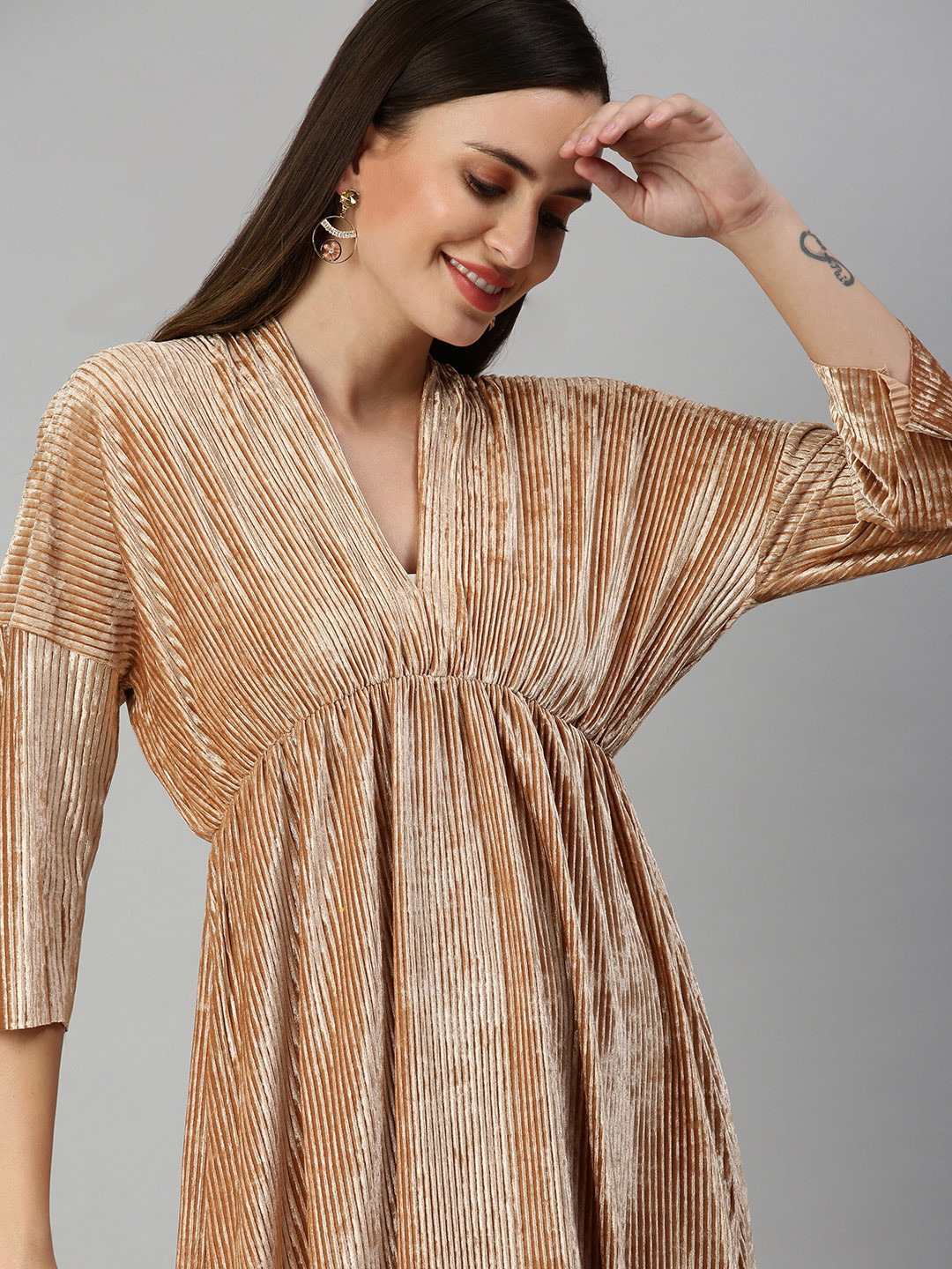 SHOWOFF Beige Striped Velvet Midi Dress