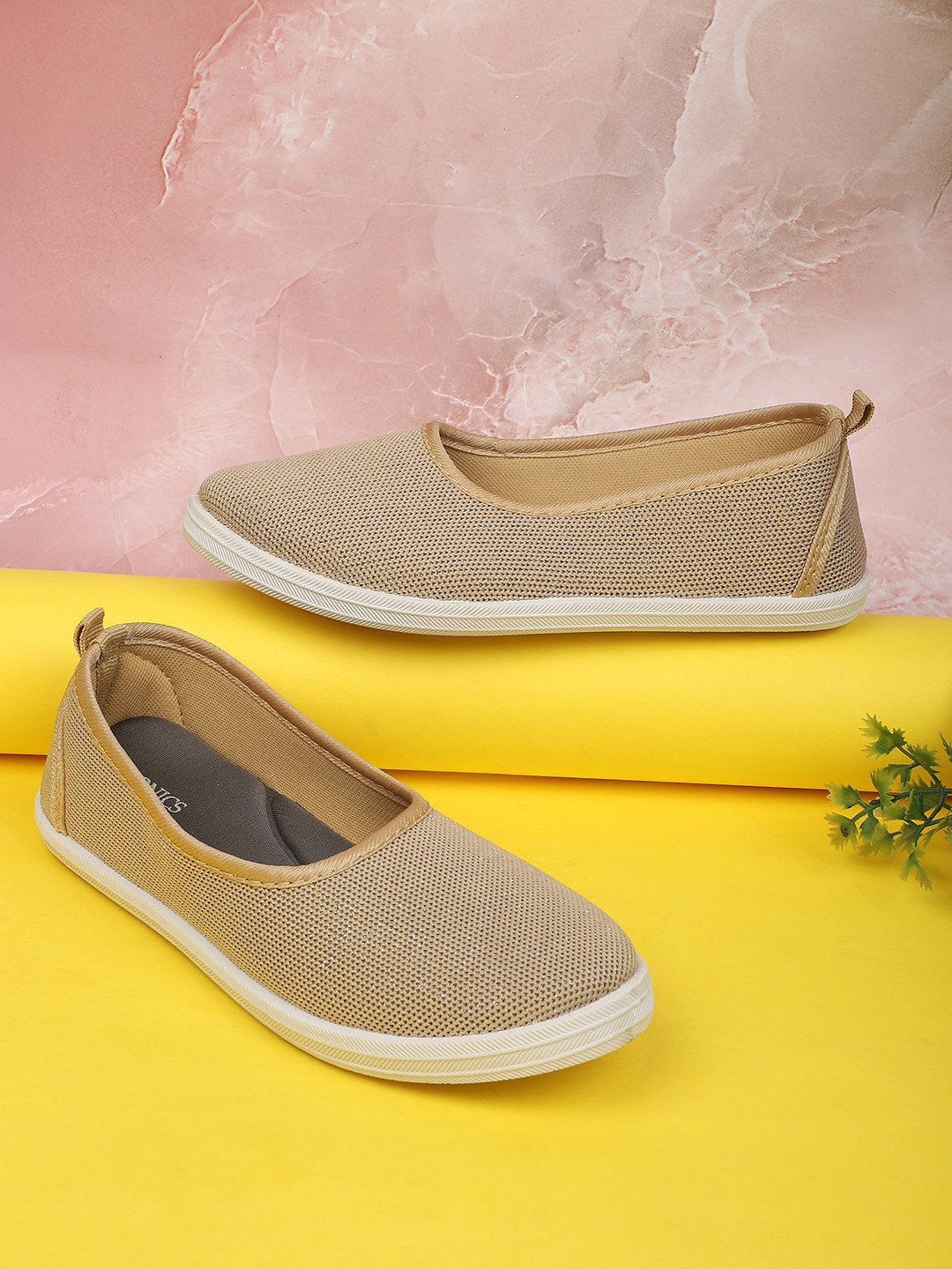 ICONICS Women Beige Woven Design Slip-On Sneakers