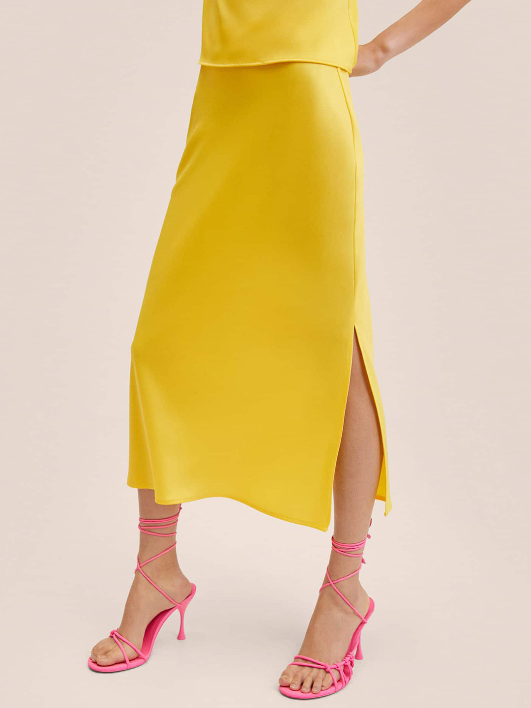 MANGO Women Yellow Solid Straight Midi Skirt