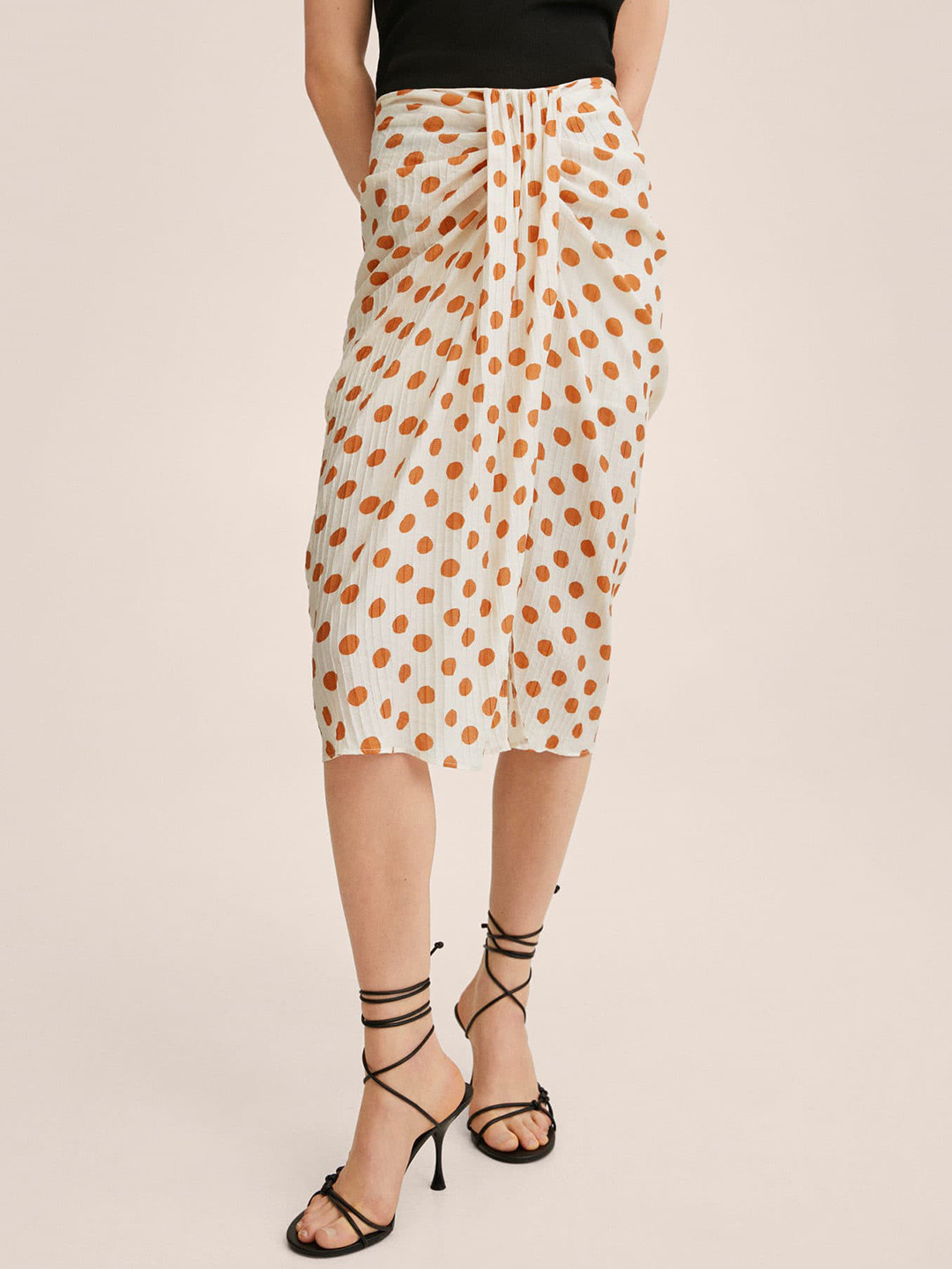 MANGO Women Off-White & Brown Polka Dots Pleated Skirt