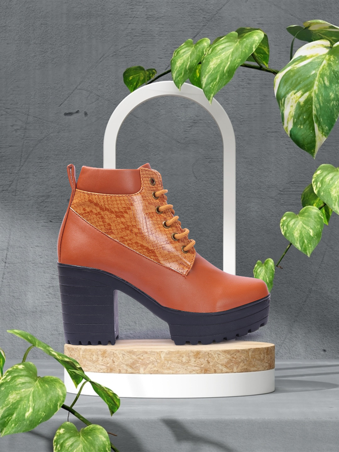 FASHIMO Women Tan Brown Animal Skin Printed Heeled Boots