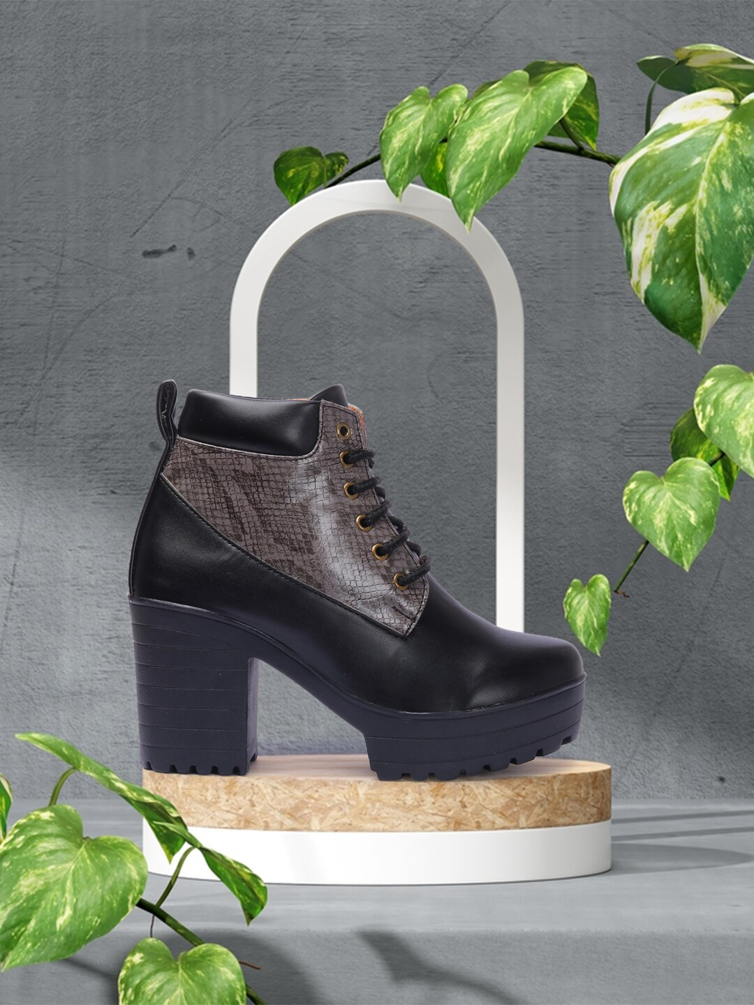 FASHIMO Women Black Mid-Top Block Heeled Boots With Animal Print Detail