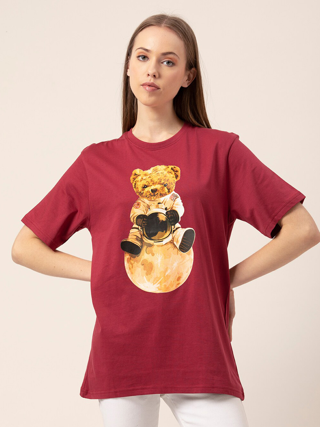 Lounge Dreams Women Burgundy Printed Drop-Shoulder Sleeves Applique Oversized  T-shirt