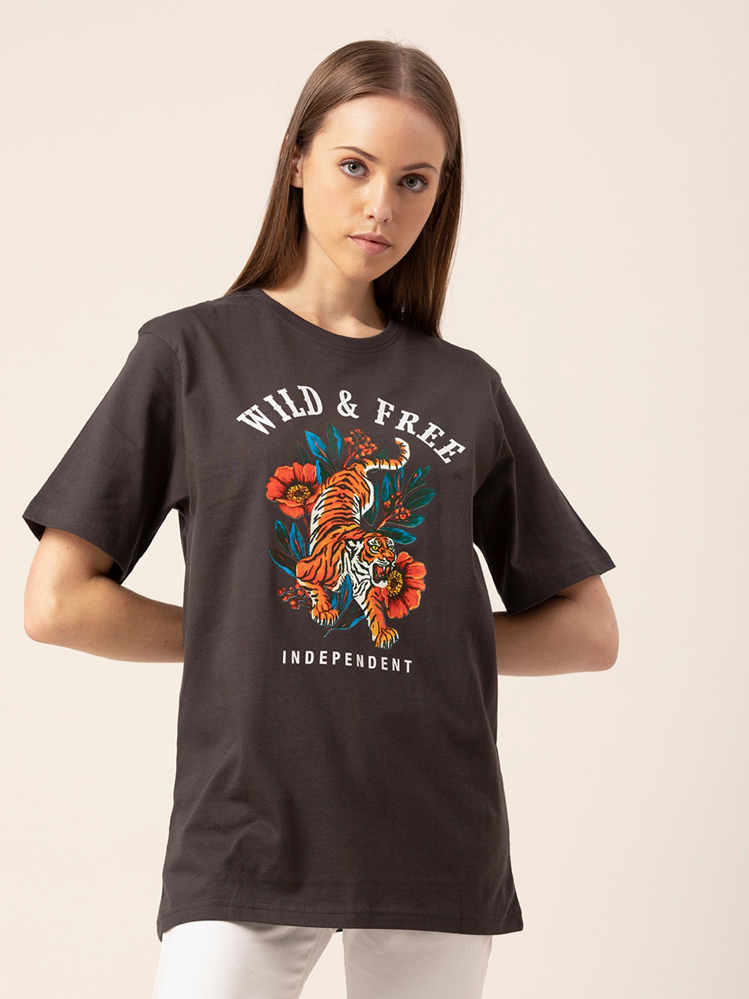 Lounge Dreams Women Grey Typography Printed Oversized T-shirt